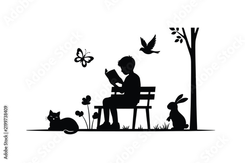 Black silhouette depicting a boy reading on a bench with animals