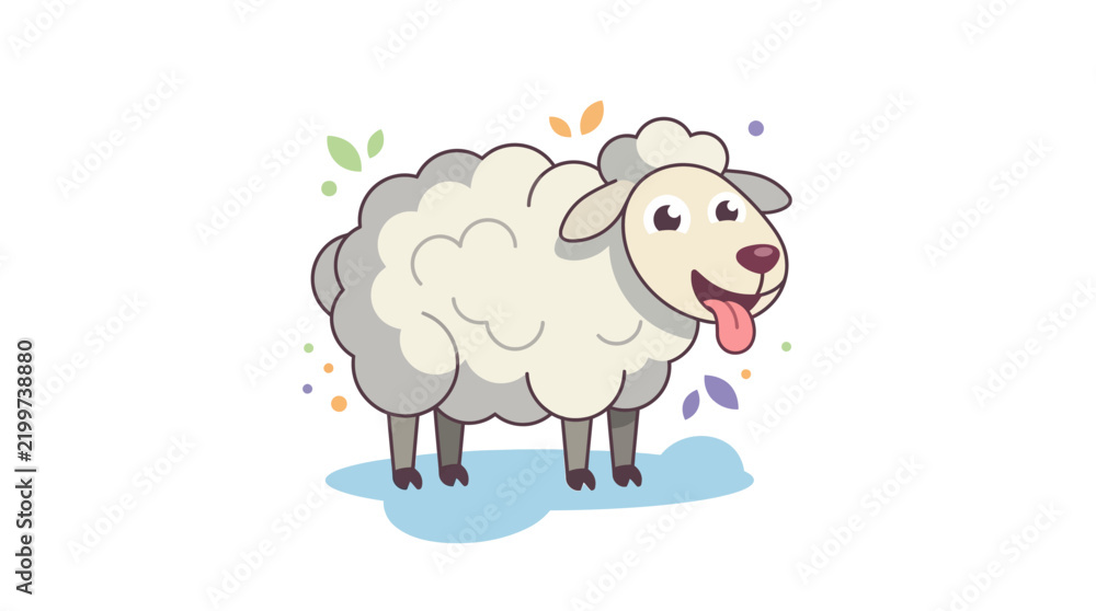 Obraz premium Ewe graphic showing a standing white sheep with grey wool and a cheerful expression in a meadow.