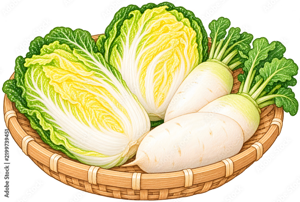 Fototapeta premium Napa Cabbage and Korean Radish in Woven Basket Hand Drawn Illustration
