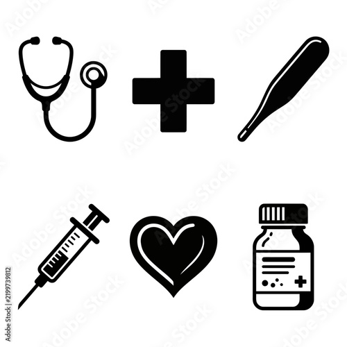 Set of six essential medical and healthcare icons featuring stethoscope cross thermometer syringe heart and medicine bottle symbols