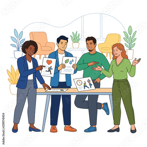 Diverse team discussing health and wellness concepts with visual aids, symbolizing collaboration and well-being.