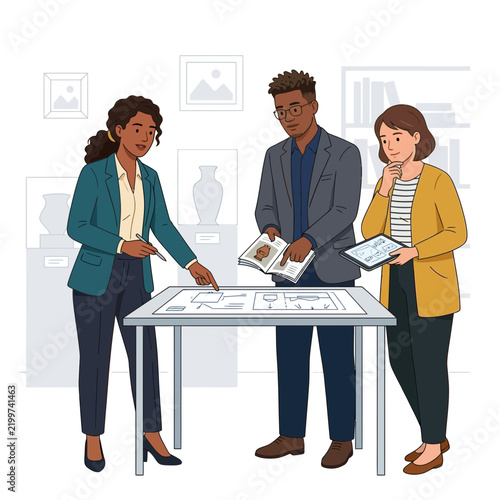 Diverse Team Discussing Museum Exhibit Plans and Designs on Table