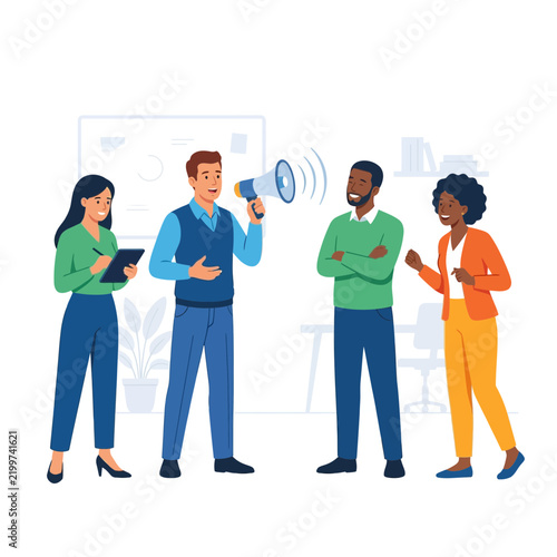 Diverse team in meeting, man using megaphone for announcement, woman taking notes on tablet, colleagues listening attentively in office setting.