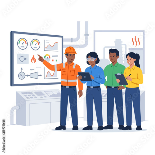 Diverse team in safety gear collaborating in a control room, reviewing industrial process data on a large screen.