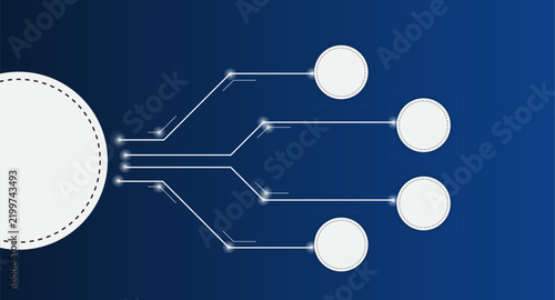 modern technology flowchart vector with a central node connected to four circular data points, featuring glowing lines on a blue background, ideal for business process, network, workflow, and digital 