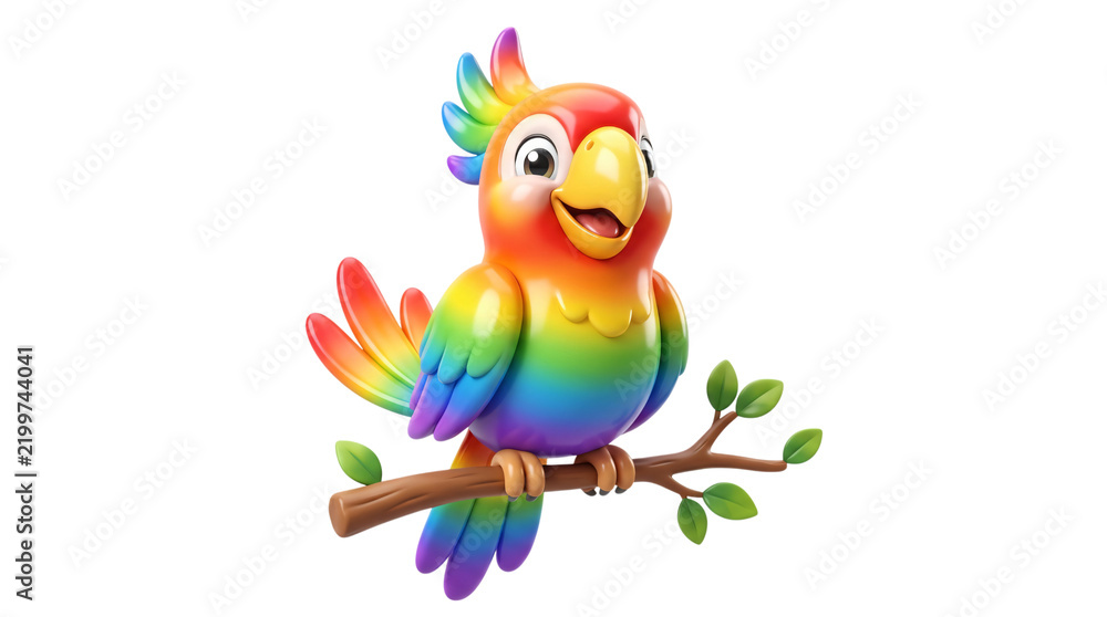 Obraz premium Colorful parrot bird cartoon character perched on a wooden branch. 3D render