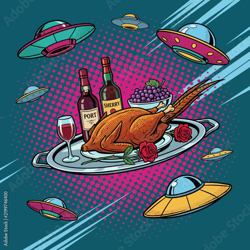 UFOs circle roasted turkey dinner with wine and grapes in pop art style