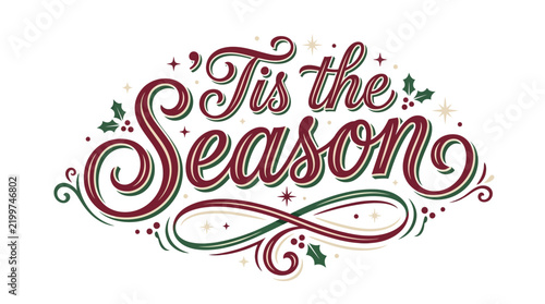 Decorative typography reading 'Tis the Season' with holly accents and ornamental swirls for Christmas greeting design