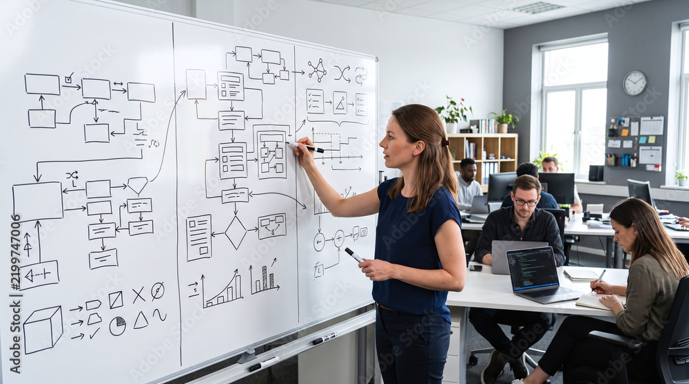 Fototapeta premium Female engineer drawing workflow diagrams on a whiteboard in a modern office.