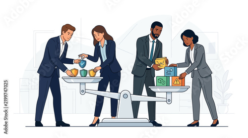 Diverse Business Team Balancing Security Shields and Risk Blocks on Scales, Symbolizing Risk Management and Decision Making