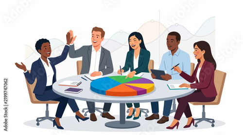 Diverse business team celebrating success at a meeting around a round table with a pie chart and graphs in the background.