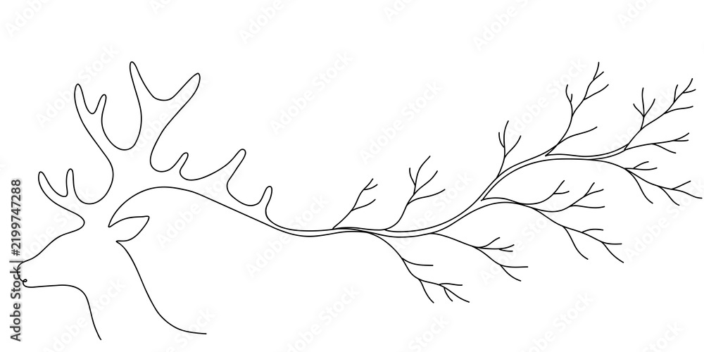 Obraz premium Continuous Line Art Drawing of a Deer Head Merging with Tree Branches Minimalist Nature Concept