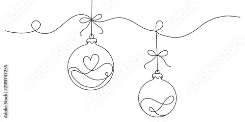 Continuous Line Drawing of Hanging Christmas Ornaments with Heart and Bows Minimalist Holiday Vector Illustration