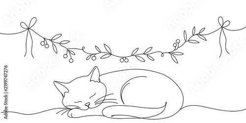 Continuous Line Art Drawing of a Sleeping Cat under Festive Leafy Garland with Bows