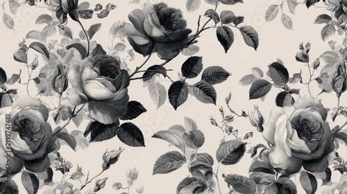Elegant vintage-style seamless pattern featuring sophisticated rose illustrations, monochromatic black and white color palette, watercolor technique blended with graphic design precision, delicate