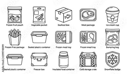Frozen Food Cold Storage Packaging Black Line Art Vector Set