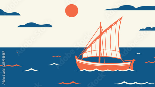 Yacht Sailing on the Sea with Waves, Sailboat and Ocean Cruise Vessel Under Sunny Sky, Nautical Summer Travel Vector Illustration Design