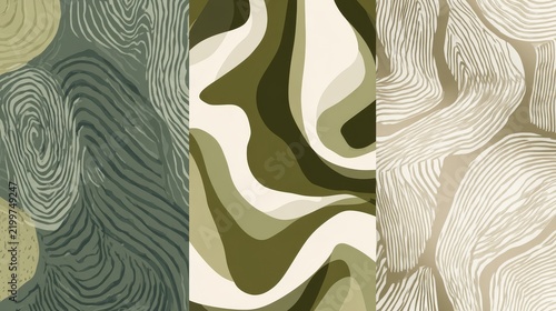 Elegant minimalist pattern collection with hand-drawn abstract organic shapes, soft muted color palette in sage, cream, and taupe tones, intricate line work creating sophisticated visual rhythm,