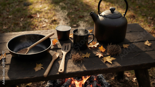 Black kettle and cookware on wooden table with autumn leaves - Hiking and camping gear