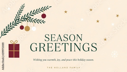 Season greetings design with christmas tree branch ornaments and gift box