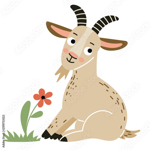 Cute Sitting Goat with Flower, Adorable Farm Animal Character,  Hand Drawn Vector Illustrations
