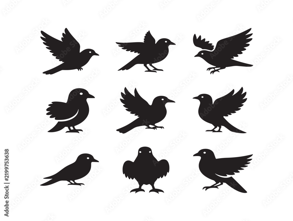 Fototapeta premium Set of black bird silhouettes in various flying and perched poses