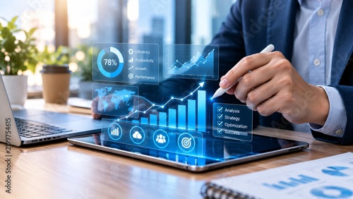 Business Performance Analytics And Growth Strategy Hologram On Tablet
