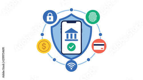 Secure mobile banking concept featuring a protected smartphone surrounded by biometric authentication credit card and digital wallet icons representing safe financial transactions and data privacy