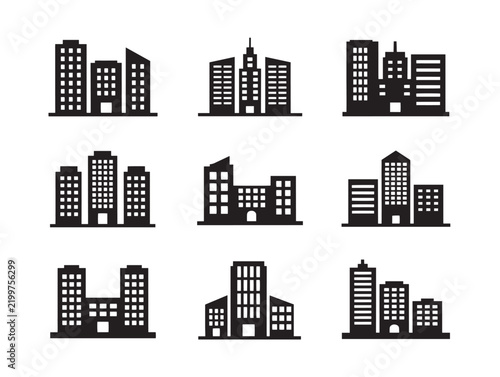 Set of black city building silhouettes isolated on a white background