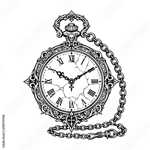 Ornate Antique Pocket Watch With Chain And Cracked Glass Halloween Line Art