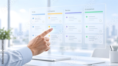 Hand interacting with a transparent digital Kanban board displaying tasks in To Do In Progress Review and Completed stages on a desk with city view
