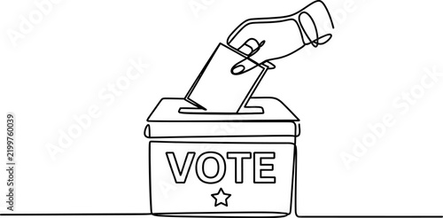 Bild auf Leinwand Continuous line drawing of a hand putting a paper ballot into a voting box for e