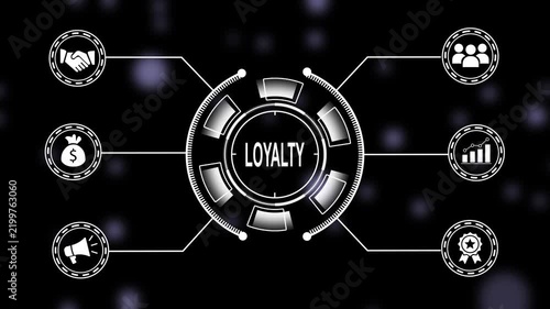 Digital customer loyalty program concept featuring animated hud interface with interactive business for marketing strategy, retention analysis, and corporate crm data visualization on dark background