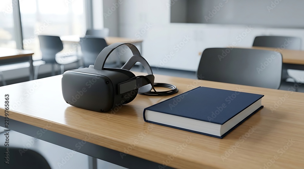 Obraz premium Virtual reality headset and book on a wooden desk in a classroom on transparent background