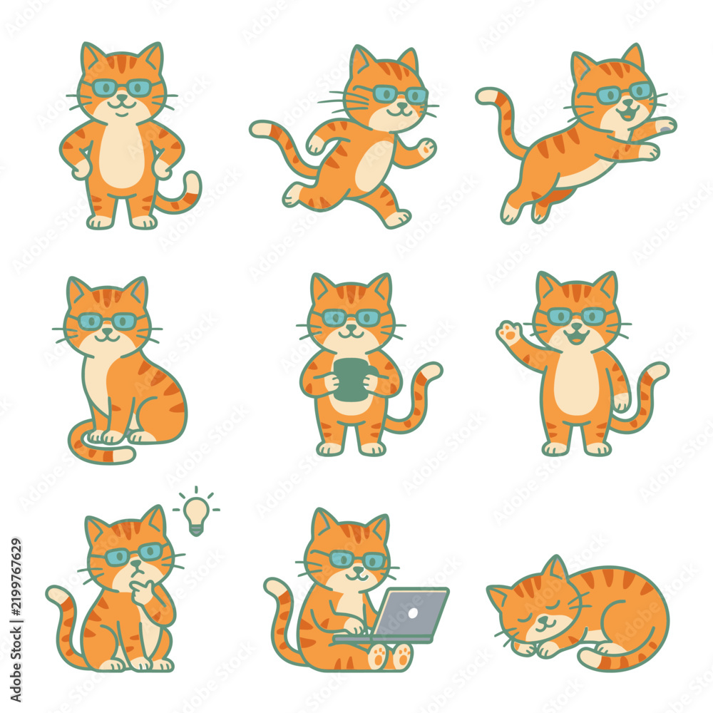 Obraz premium Cute cartoon ginger cats wearing stylish blue glasses.