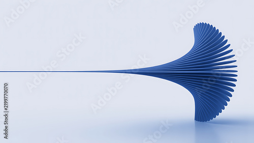 A 3D rendered abstract sculpture featuring a series of thin blue curved fins radiating from a single point, creating a fan-like shape on a smooth light blue surface with soft shadows and lighting
