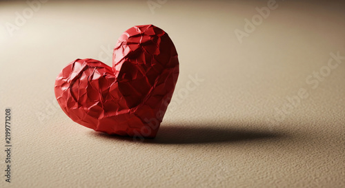 Crumpled Red Heart on Neutral Surface Romantic Love Symbol in Soft Lighting