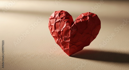 Crumpled Red Heart Sculpture on Beige Surface with Shadow Artistic Romantic Symbol