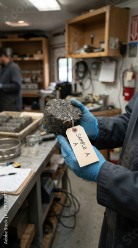 Sample analysis in laboratory supports asphalt road work planning with careful material testing and professional focus