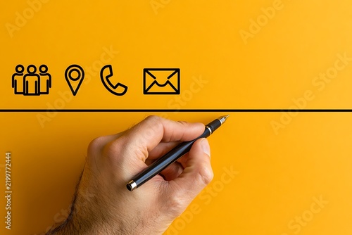 Contact and communication icons on yellow background