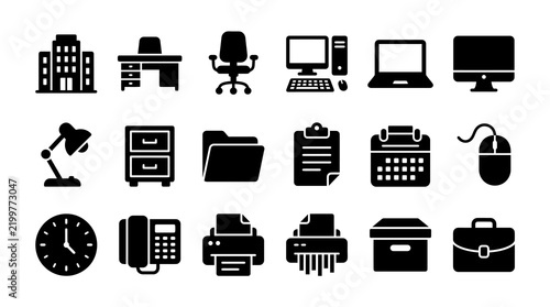 A collection of black office equipment icons is displayed on a clean white background.