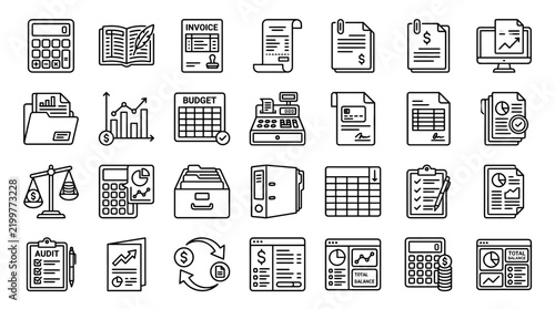 A collection of black and white line art icons depicting various business and financial.