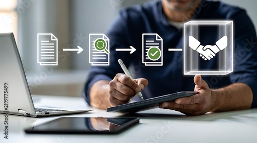Procurement process management, Digital and paper document approval, contract verification, supplier negotiation, and business purchasing operations using laptop and paper in office environment