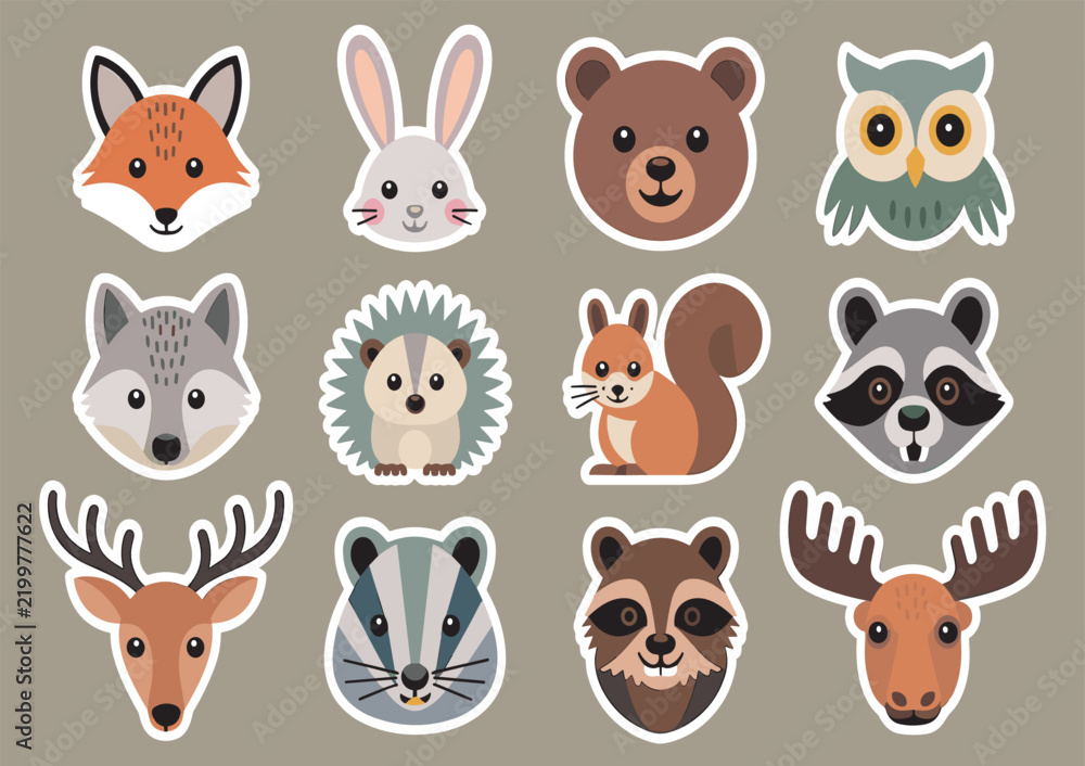 Obraz premium Cute Woodland Animals Vector Sticker Set Featuring Fox Rabbit Brown Bear Owl Wolf Hedgehog Squirrel Raccoon Deer Badger and Moose for Forest Life Graphic Designs