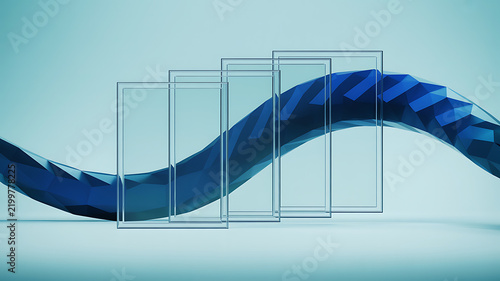 A 3D render featuring a long, winding blue geometric wave shape passing through several thin, transparent rectangular frames, set against a soft, light blue background, with smooth lighting effects