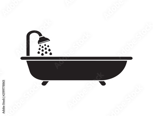 Bathtub with shower head icon showing water droplets in black silhouette