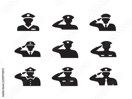 Set of military soldier and police officer salute icons in black silhouette