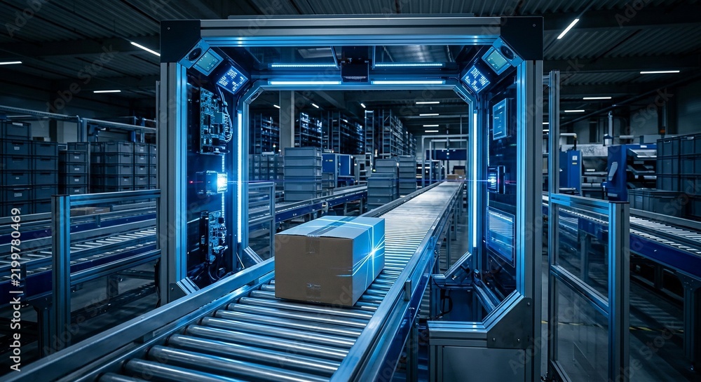 Obraz premium Cardboard box moving on automated roller conveyor belt inside modern warehouse facility with advanced scanning system