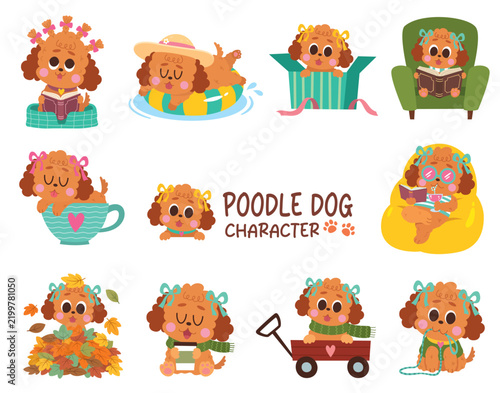 Cute Poodle Dog Character Set with Fun Seasonal Activities Cartoon Illustration