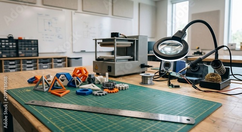 Maker workshop table with 3d printed objects and electronics station